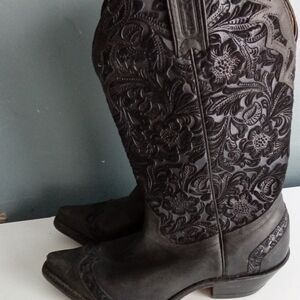 Boulet Black Leather Floral Embossed Western Cowboy Boot 10 1656 Made in‎ Canada